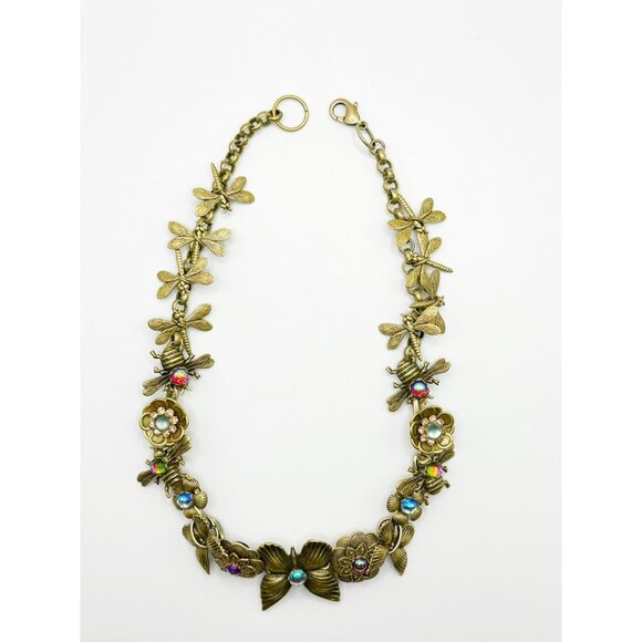 Butterfly, Bees, Dragonflies Floral Goldtone Jeweled Choker Necklace 15.5” - Picture 5 of 8
